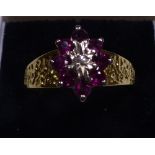 18ct gold vintage 1975 ruby and diamond cluster ring, size V