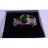 18ct yellow and white gold pear cut emerald and diamond ring, emerald  0.40ct, diamond 0.36ct,