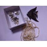 Three pairs of earrings, two marked 925, pearl necklace and mother of pearl brooch