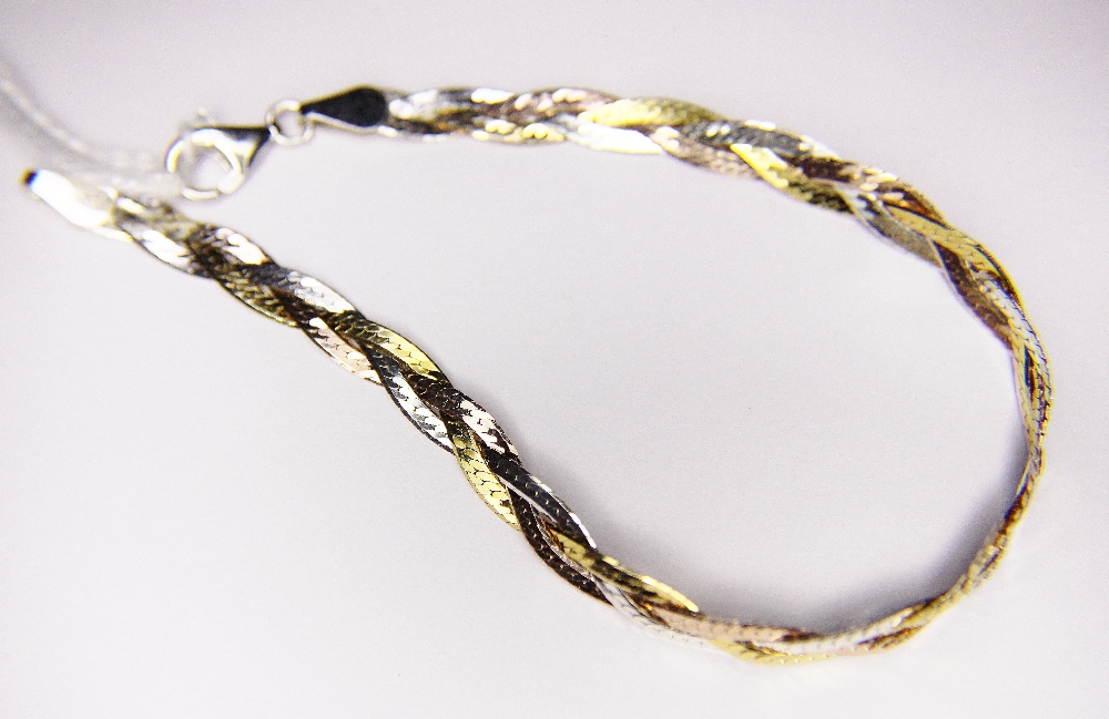 WOVEN BRACELET. Sterling silver gold plated tri colour woven bracelet