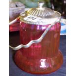 CRANBERRY GLASS BISCUIT BARREL. Cranberry glass biscuit barrel with silver plated lid and handle
