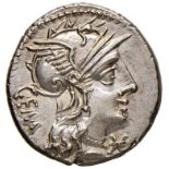 Roman coins Republic - Aburia – B. Aburius Geminus - Denario (132 a.C.) Testa di Roma a d. -  R/