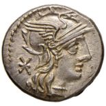 Roman coins Republic - Maenia – P. Maenius Antiaticus M. f. - Denario (132 a.C.) Testa di Roma a