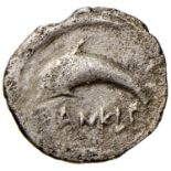 Greek coins - SICILIA Zancle – Messina  – Dramma – Delfino a s. - R/ Conchiglia in quadrato in