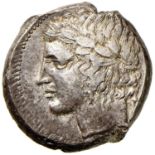 Greek coins - SICILIA Leontini  – Tetradramma - Testa laureata di Apollo a s. - R/ Testa di leone