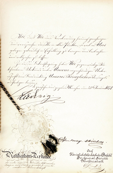 Bayern - - Ludwig II. von Bayern. Ratifications-Urkunde der unter dem 23ten November 1870 zwischen