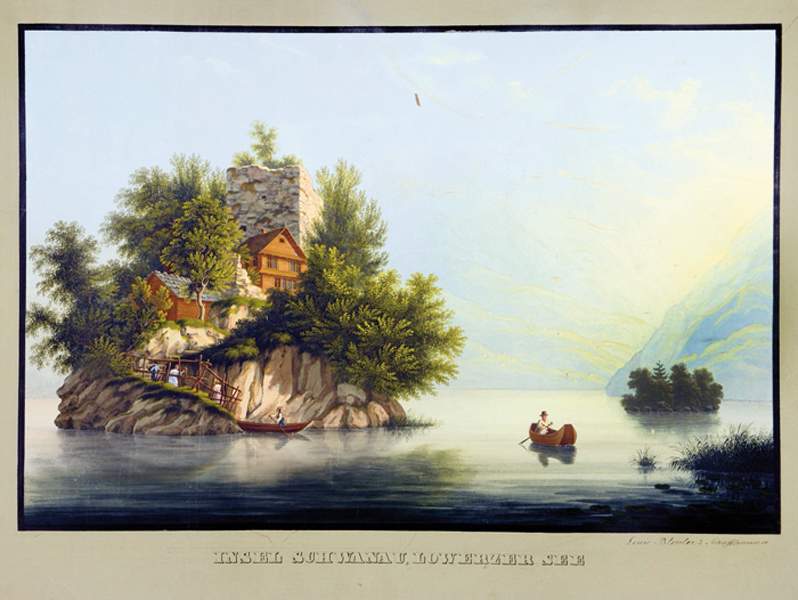 Ansichten - Schweiz - - Bleuler, Johann Ludwig. Insel Schwanau, Lowerzer See. Gouache auf Karton.