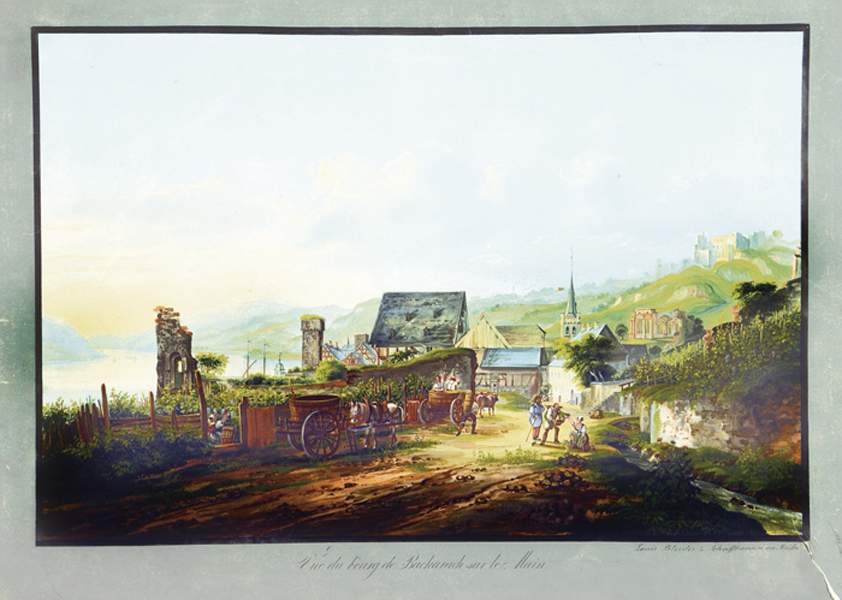 Ansichten - Bacharach - - Bleuler, Johann Ludwig. Vue de Bourg de Bacharach sur le Main. Gouache auf