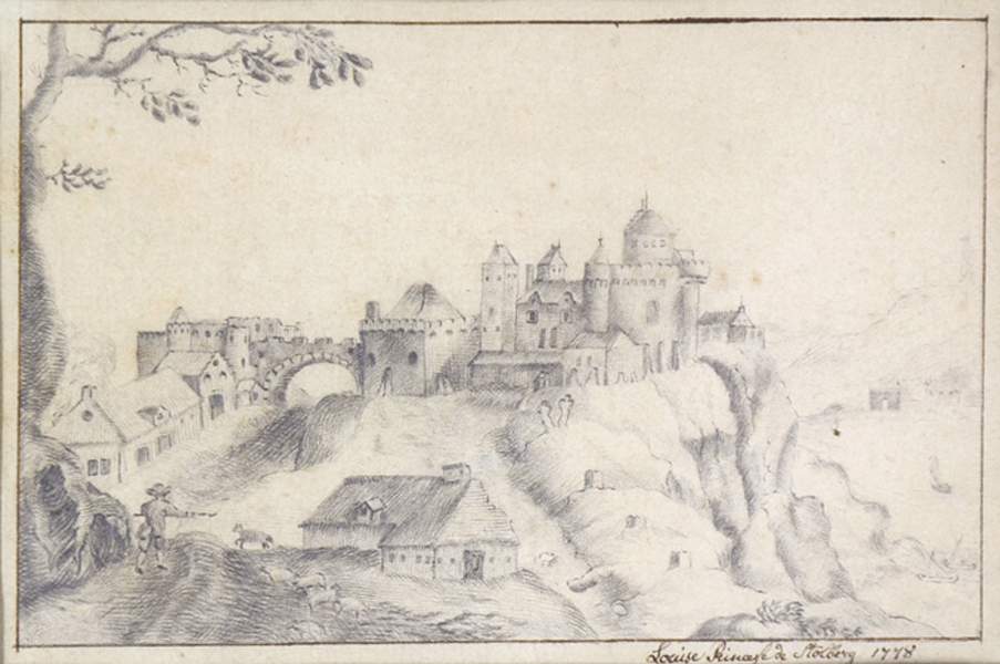Ansichten - - Stolberg, Louise Rinach de. Ansicht einer Burg. Bleistiftzeichnung auf Papier.