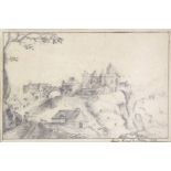 Ansichten - - Stolberg, Louise Rinach de. Ansicht einer Burg. Bleistiftzeichnung auf Papier.