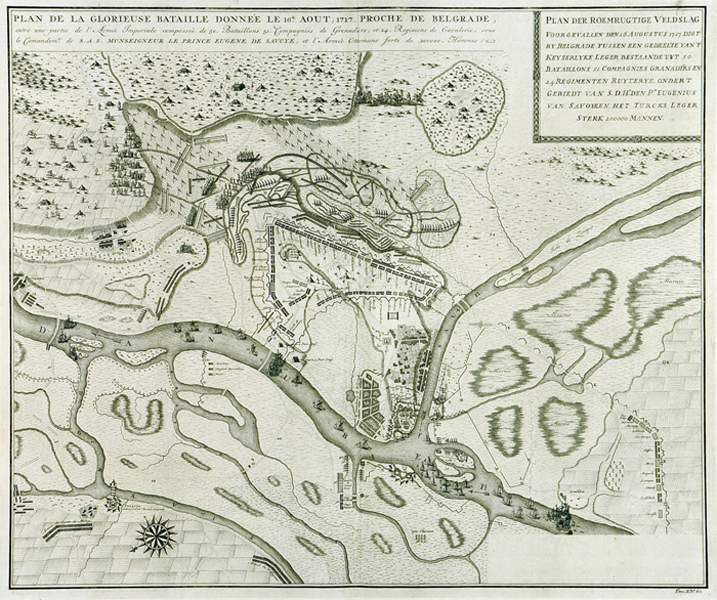 Karten - Belgrad - - Dumont, J. und J. Rousset. Plan de la glorieuse bataille donnée le 16e aout