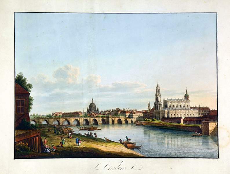 Ansichten - Dresden - - Morasch, Christian Gottfried. Dresden. Kolorierte Umrissradierung. Um