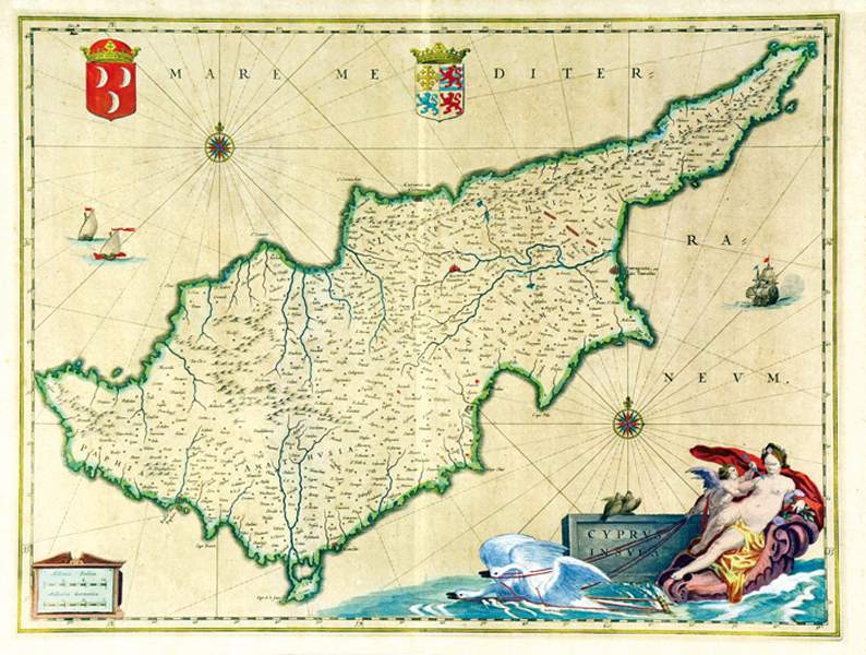 Karten - Zypern - - Blaeu, Willem. Cyprus insula. Altkolorierte, mit Gummi Arabica gehöhte