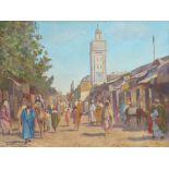 TABLEAU ORIENTALISTE "SCENE DE RUE A FEZ" DE HAMMAD JABRAN ( 1917-1993)
Huile sur toile signée "