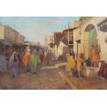 TABLEAU ORIENTALISTE "SCENE DE RUE A RABAT " DE HAMMAD JABRAN ( 1917-1993)
Huile sur toile signée "