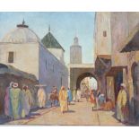 TABLEAU ORIENTALISTE "SCENE DE RUE A RABAT " DE HAMMAD JABRAN ( 1917-1993)
Huile sur toile signée "