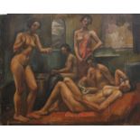 TABLEAU "FEMMES AU BAIN" XXè Huile sur panneau. Ecole XXème siècle H : 66 x L : 82,5 cm