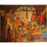 TABLEAU "FIN DU JOURNEE" DE KVAPIL( 1884-1958 ) Exceptionnel tableau de commande, huile sur toile,