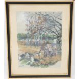 GOUACHE "CHASSE A COURRE" DE GABRIEL LAMOTTE XXè /GOUACHE " HUNTING COURRE " SIGNED LAMOTTE