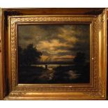 TABLEAU "LAC AU SOLEIL COUCHANT" Huile sur carton signée de Julien GROS Epoque XIXème siècle 51 x