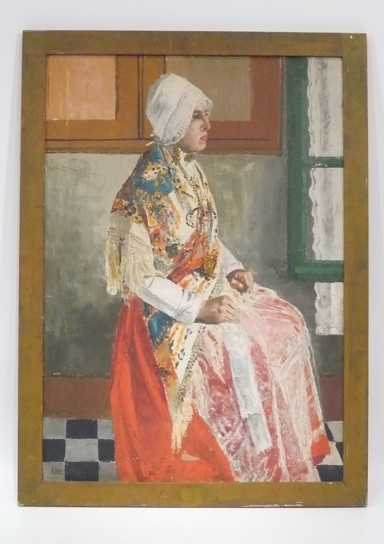 TABLEAU "FEMME ASSISE EN COSTUME REGIONAL DANS UN INTERIEUR" DE L.DERRUAU Xxè Huile sur toile signée