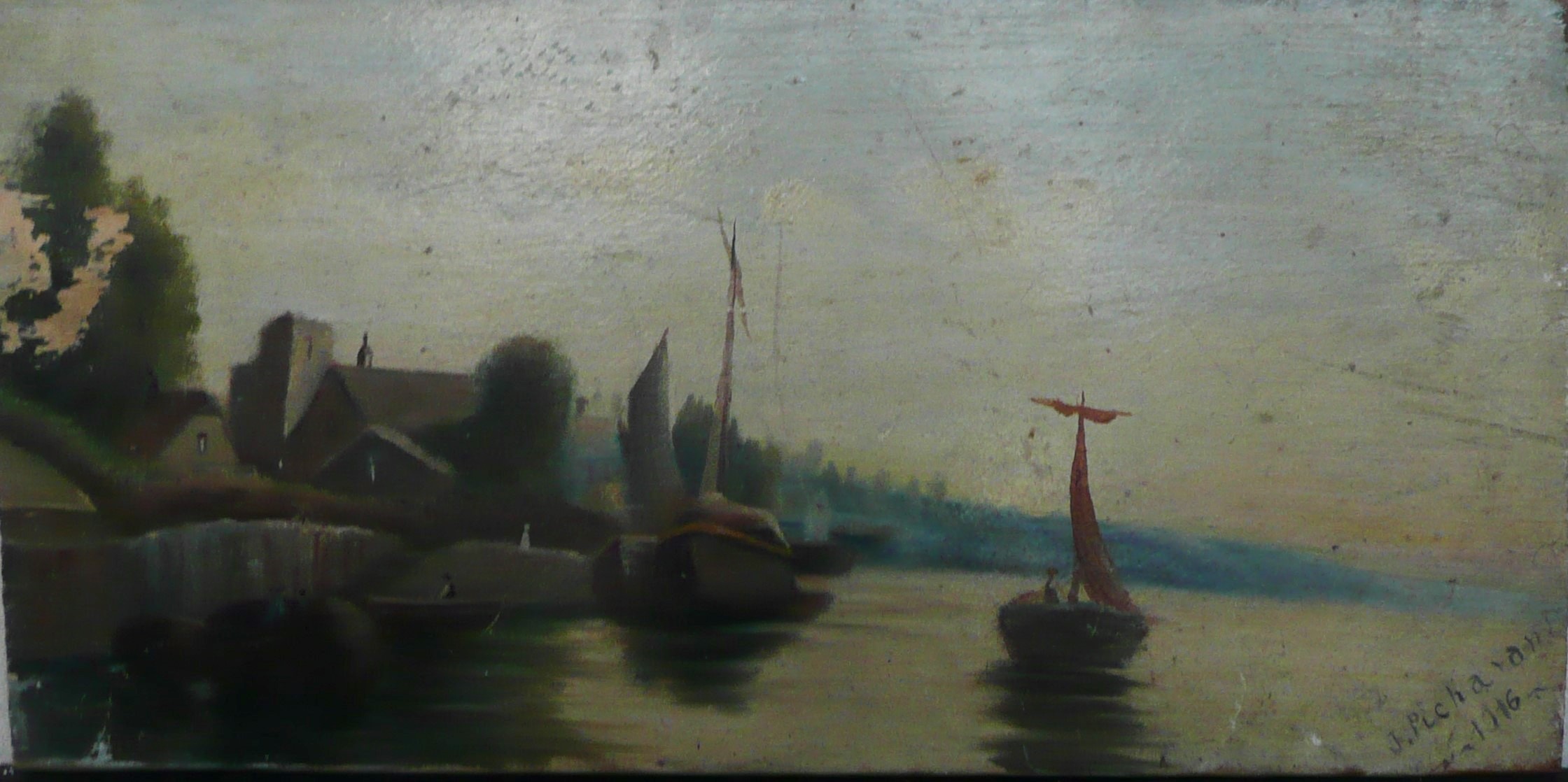 TABLEAU "MARINE" Huile sur panneau signée de "PICHAVENT" Epoque Début Xxème siècle 19,5 x 39 cm