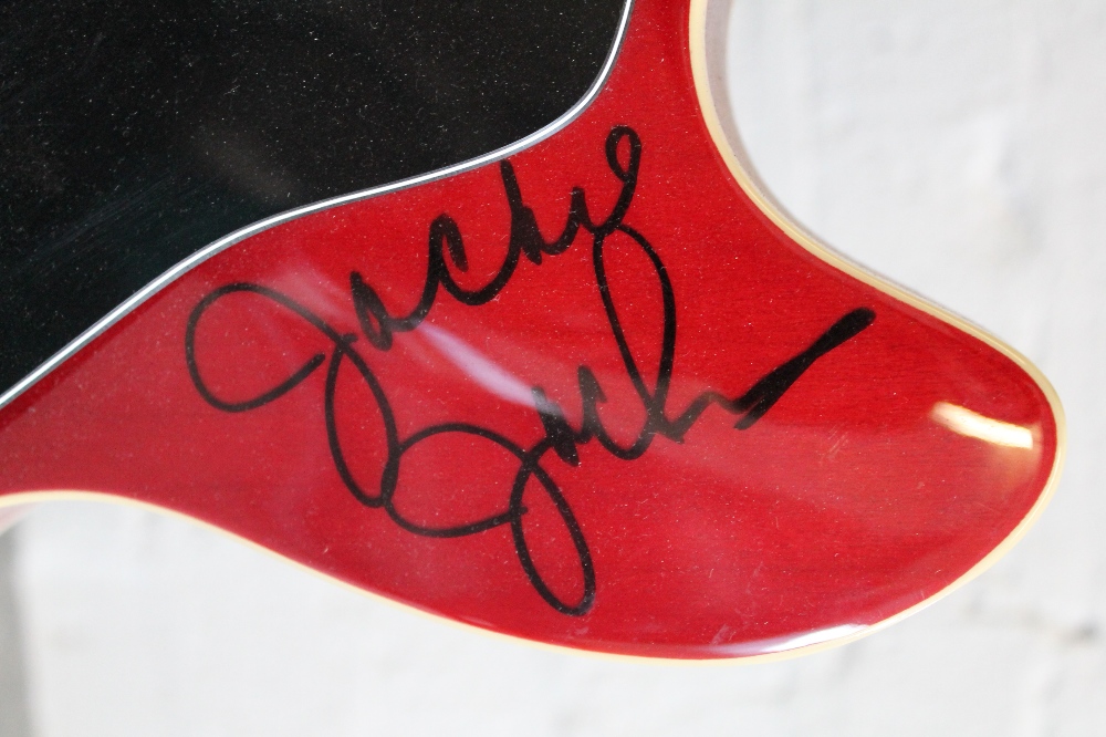 THE JACKSONS - a Rally cherry red electric guitar (in the style of a Gibson ES 335) signed by four - Image 6 of 8