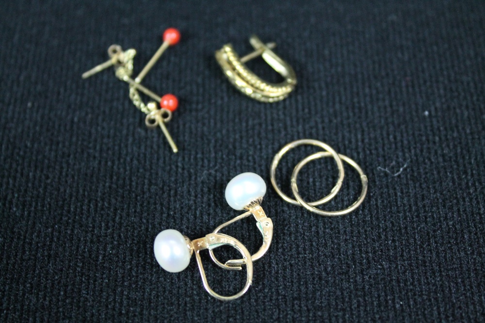 EARRINGS - a collection of 3 pairs of gold earrings to include a pair of 14k pearl earrings,