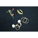 EARRINGS - a collection of 3 pairs of gold earrings to include a pair of 14k pearl earrings,