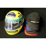 AYRTON SENNA REPLICA HELMET AND BASEBALL CAPS - a replica full sized Aryton Senna helmet collection