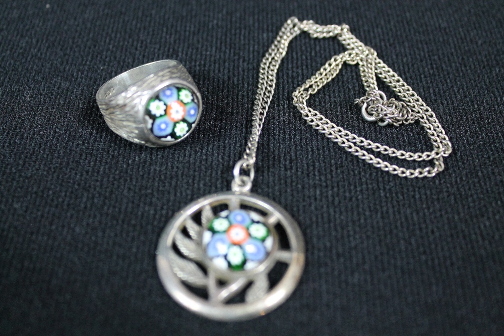 MILLEFIORO SCOTTISH CAITHNESS SILVER JEWELLERY - To include a silver ring and pendant by the same