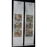 CHINESE SCROLLS - a pair of hanging Chinese scrolls each featuring three panels of artwork