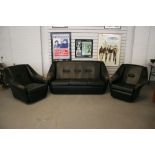 SOFA AND ARMCHAIRS - a retro faux leather set to include a sofa and matching armchairs x2,