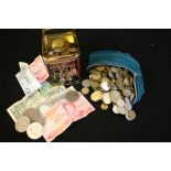 UK & FOREIGN COINAGE - a tin and bag filled with various UK and Foreign coins mainly dating from