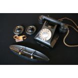 BAKELITE PHONE AND CANDLE HOLDERS - Bakelite items x4 to include a black table phone model number