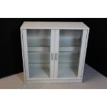 CABINETS - a pair of wooden grey wall display cabinets with glass shelving.