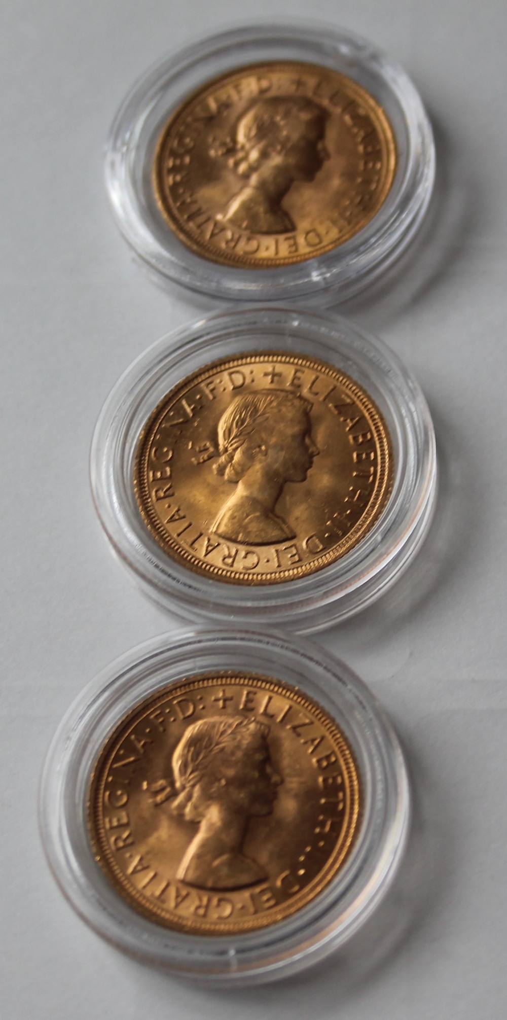 GOLD SOVEREIGNS - three 22ct gold full sovereigns being in a date run to include 1957, - Image 2 of 2