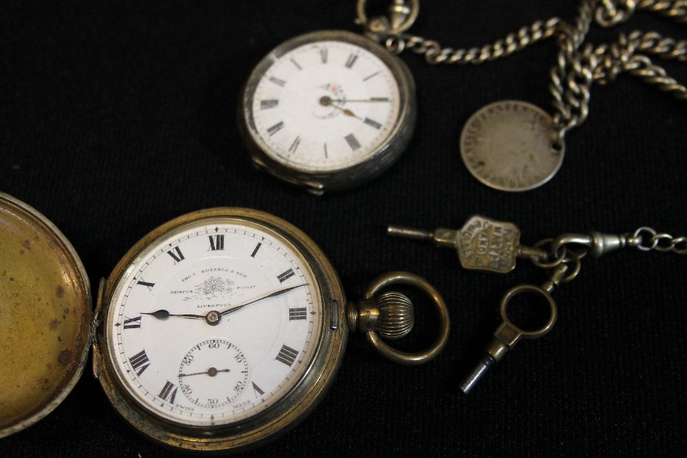 SILVER LADIES POCKET WATCH SILVER ALBERT - A ladies silver pocket watch, with enamel dial, - Image 3 of 3