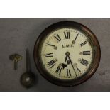 LMS WALL CLOCK - a London Midland's Service mahogany framed wall clock with Roman numerals and