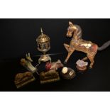 DECORATIVE PIECES - an Indonesian wooden horse toy, a wooden duck, a crystal and an amythest,