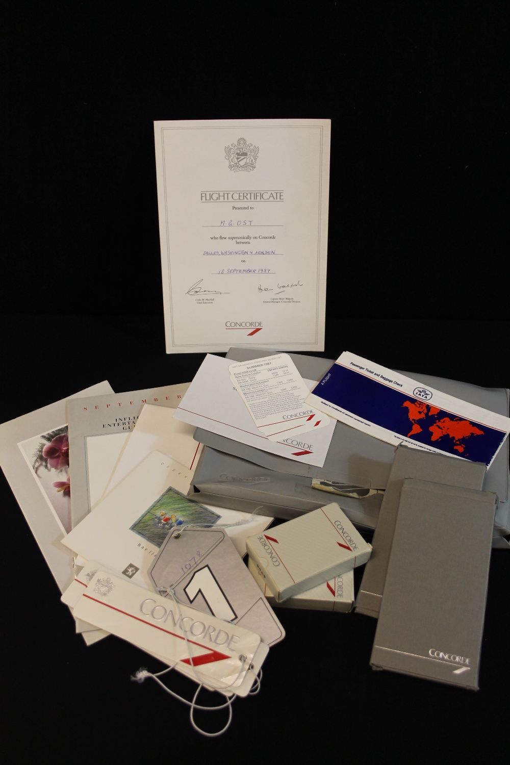 CONCORDE - A collection of passenger items to include a flight certificate September 1987,