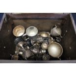 PLATED TROPHIES – a wooden chest with brass handles filled with x15 plated squash and tennis