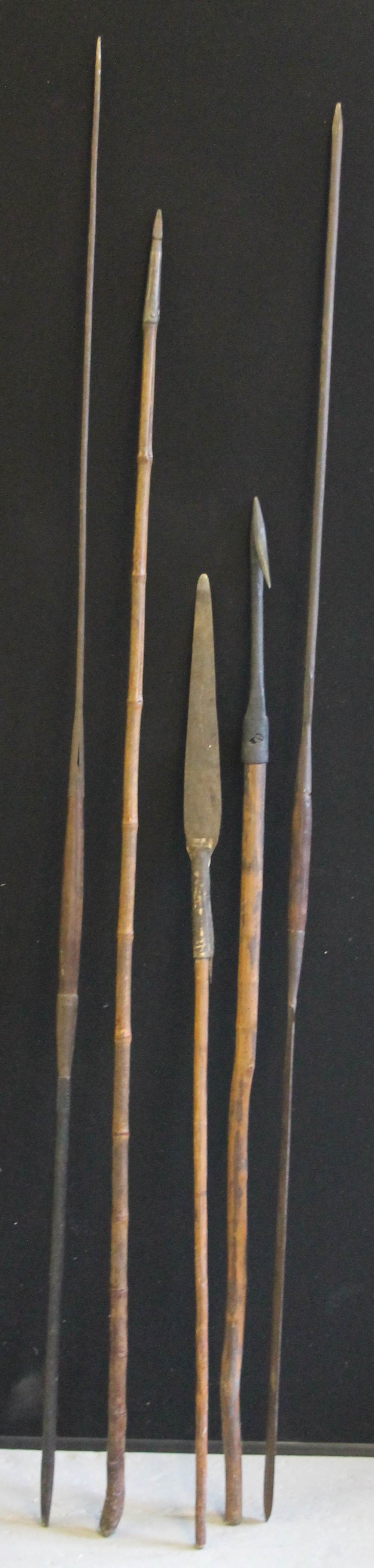 SPEARS - four hunting spears and a fishing spear.