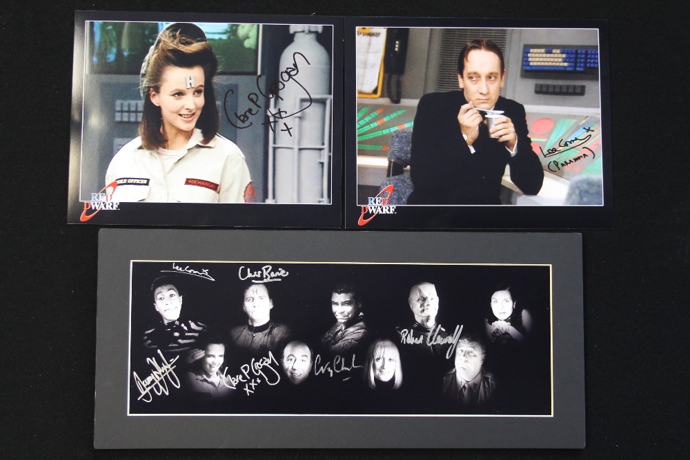 RED DWARF - x3 signed photographs from the Red Dwarf TV series to include a full cast photo signed