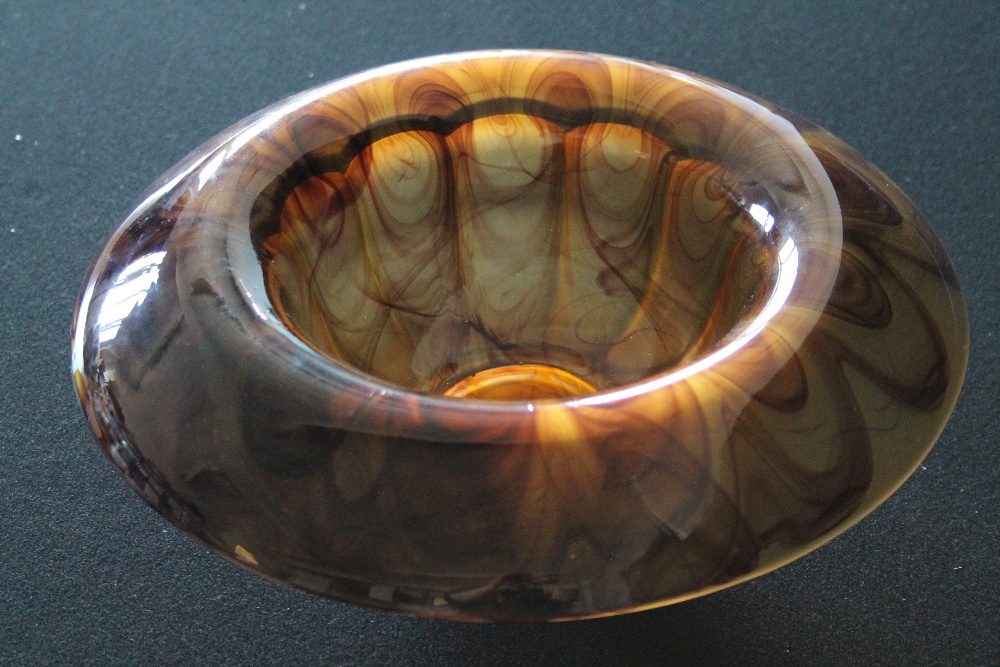 1920s BOWL - a 13" Thomas Davidson styled amber cloud bowl. No immediately discernable makers mark.