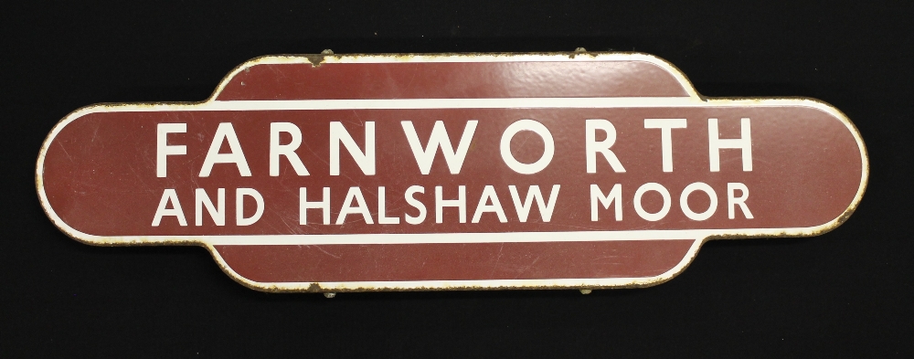 RAILWAYANA - a BR Farnworth and Halshaw Moor railway totem pole enamel sign measuring 36¼"x10".