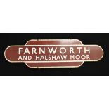 RAILWAYANA - a BR Farnworth and Halshaw Moor railway totem pole enamel sign measuring 36¼"x10".