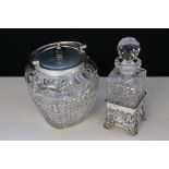 DECANTER AND BISCUIT BARREL - an 1878 hobnail cut glass small decanter mounted in a pierced