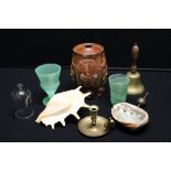 MIXED CERAMICS & BRASSWARE - a good mixed lot to include a brass school bell,