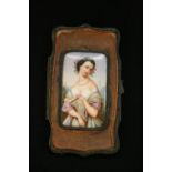 PORTRAIT MINIATURE - a Victorian brass framed leather card case c 1880,